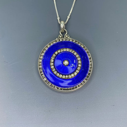 Victorian Hand Painted Large Sterling Enamel set in Sterling Silver w/ Sterling silver Necklace