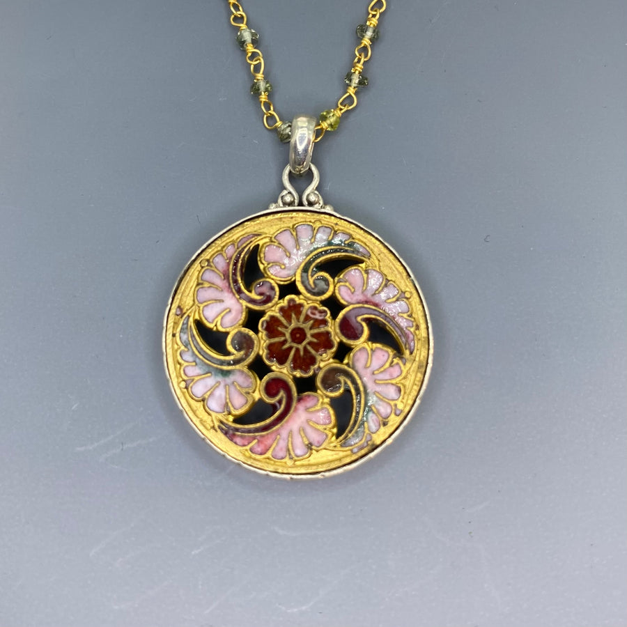 Victorian Hand Painted Floral Enamel set in Sterling Silver w/ Garnet Rosary Necklace