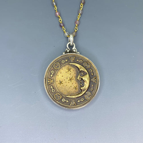 Victorian Picture Metal Moon button set in Sterling silver Pendant w/ Garnet Facet Necklace