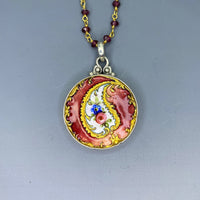 Victorian Hand Painted Floral Enamel set in Sterling Silver w/ Garnet Rosary Necklace