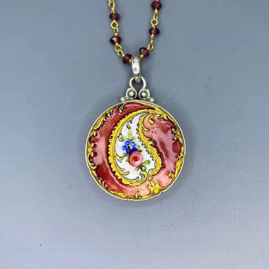Victorian Hand Painted Floral Enamel set in Sterling Silver w/ Garnet Rosary Necklace