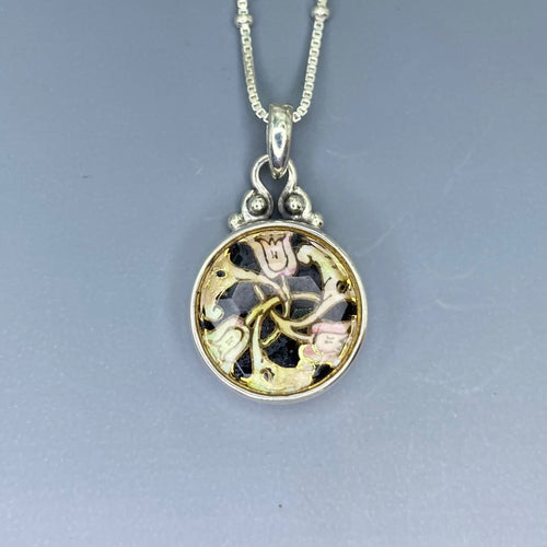Victorian DUG Design under Glass w/ Painted Pearl with Facet Glass Overlay Button Set in Sterling Silver With Sterling Silver Chain
