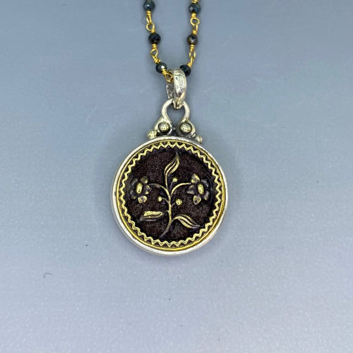 Victorian Metal Perfume Velvet Floral Button Set in Sterling Silver Pendant w/ Black Spinnel Rosary Necklace