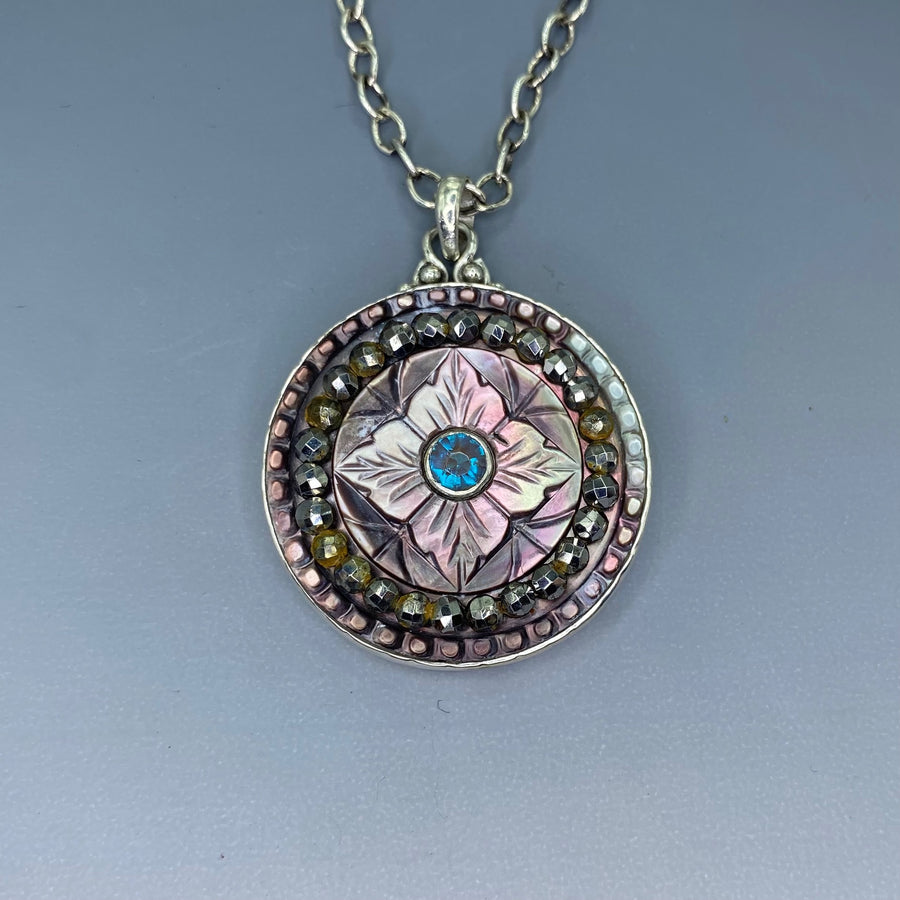 Victorian Carved Shell Pearl Button w/ Saphiret 24K & Glass Center w/ Steel Facet Border set in Sterling silver w/ Sterling Silver Necklace