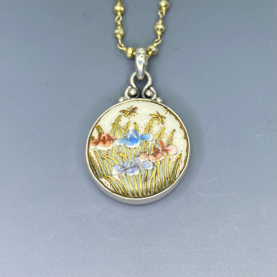 Hand Painted Floral Satsuma Button W/ Gold Painted Accent set in Sterling silver Pearl Facet Necklace