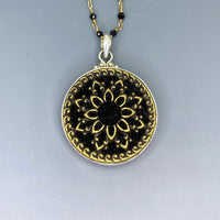 Victorian Metal Perfume Velvet Floral Button Set in Sterling Silver Pendant w/ Black Spinnel Rosary Necklace