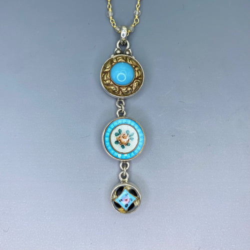 Victorian Three Button Drop Set in Sterling Silver Accented with Labradorite Facet Rosary Necklace