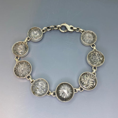 Early 1900s Czech Republic Silver Luster Glass Buttons set in Sterling Silver Bracelet