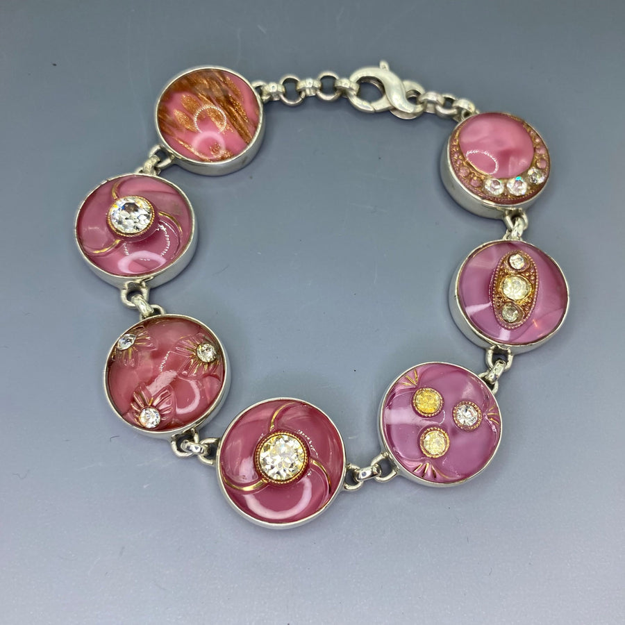 Early 1900s Czech Republic Pink Moonglows w/ Rhinestone Glass Buttons set in Sterling Silver Bracelet