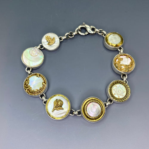 Victorian Carved Shell Buttons Bracelet with Brass Design Center set in Sterling Silver (