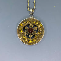 Victorian Glass set in Ornate Metal Button set in Sterling Silver w/ Facet Pyyrite Necklace