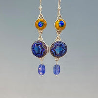 Victorian Double Button Earrings w/ Peacock Eye Glass & Czech Glass Button set in Sterling Silver w/ Kyanite Facet Stone Drop