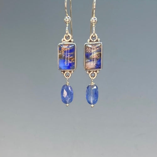 Leo Popper Glass Button Earrings w/ Facet Kyanite Stone Accent set in Sterling Silver