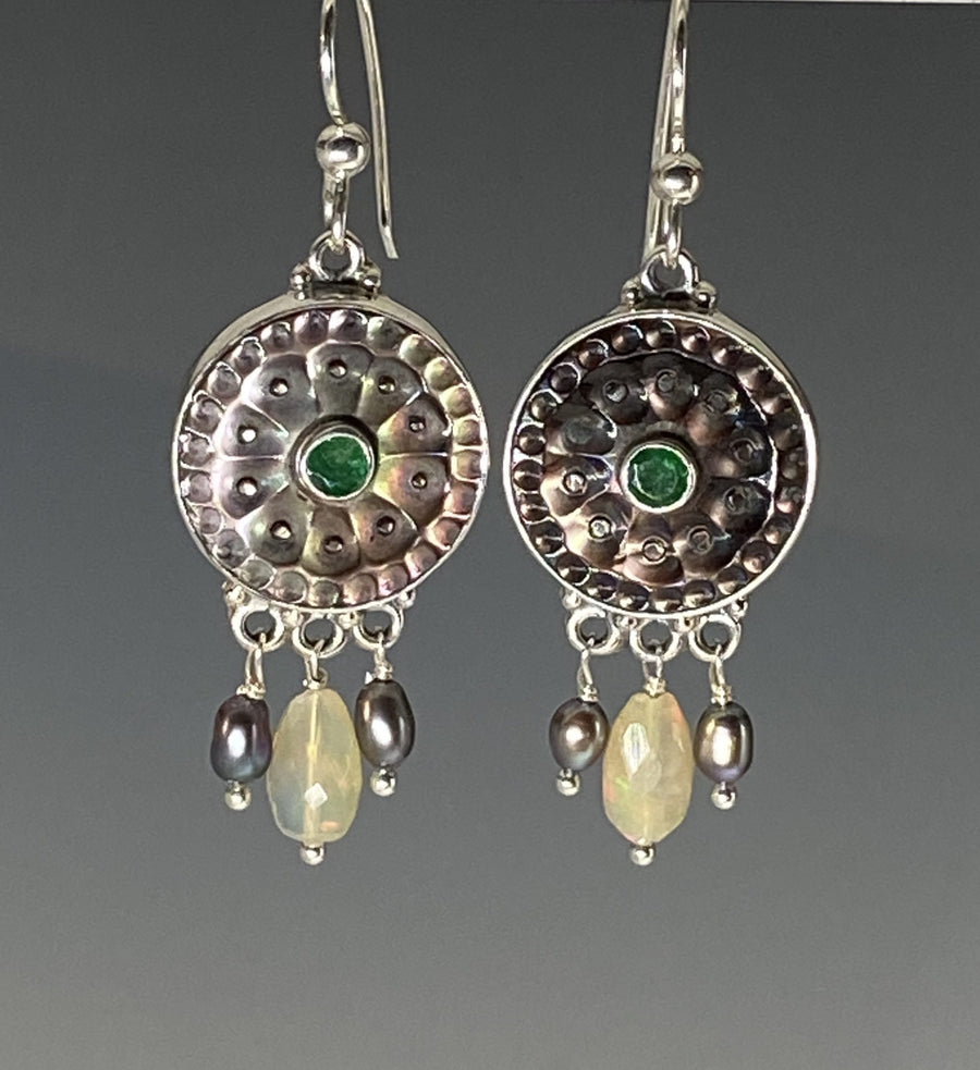 Victorian Tinted Shell Buttons w/ Emerald Center & Ethiopian Opals and Pearls accent