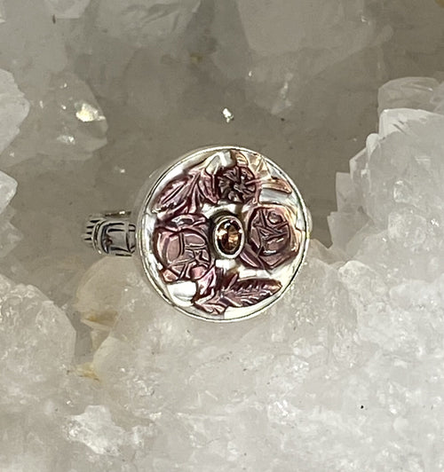 Victorian Carved Shell Button w/Tourmaline Center set in Sterling Silver Size 8
