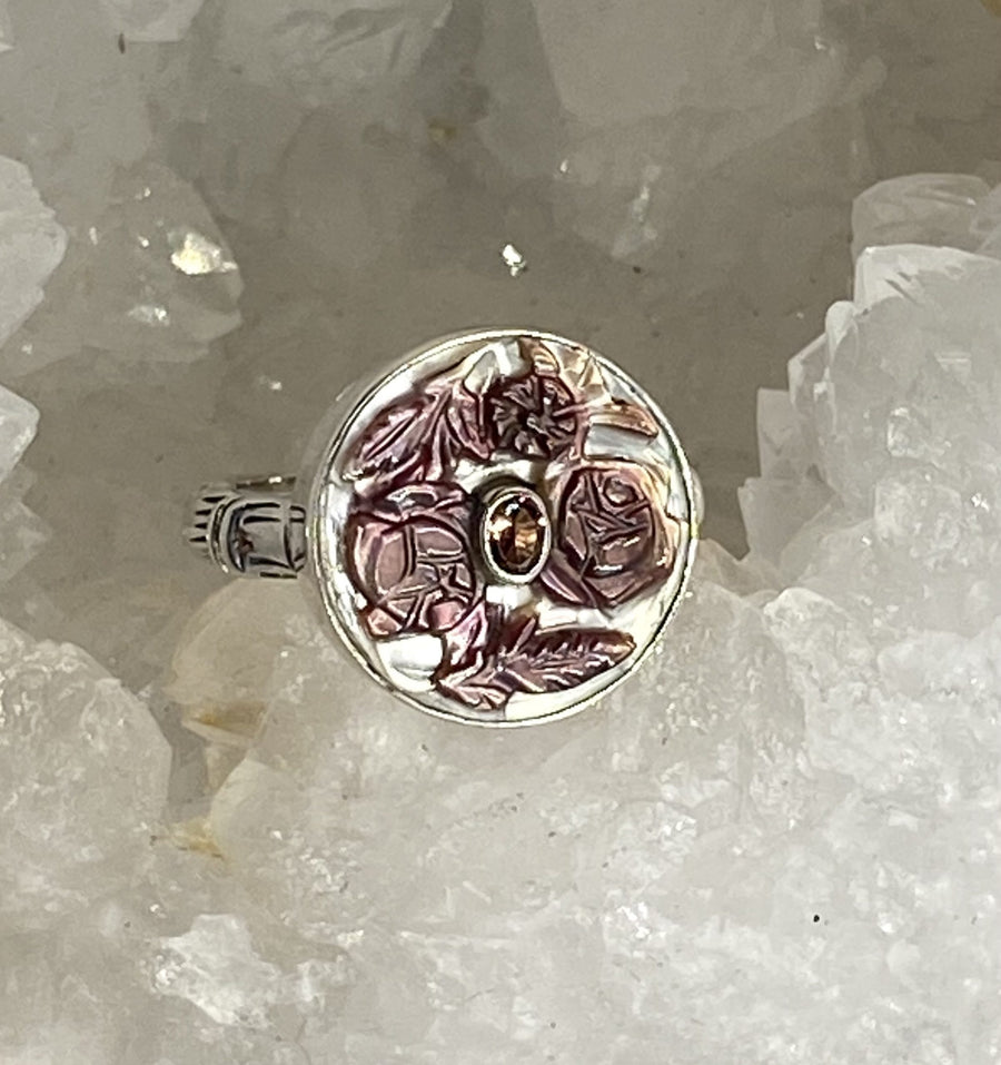 Victorian Carved Shell Button w/Tourmaline Center set in Sterling Silver Size 8
