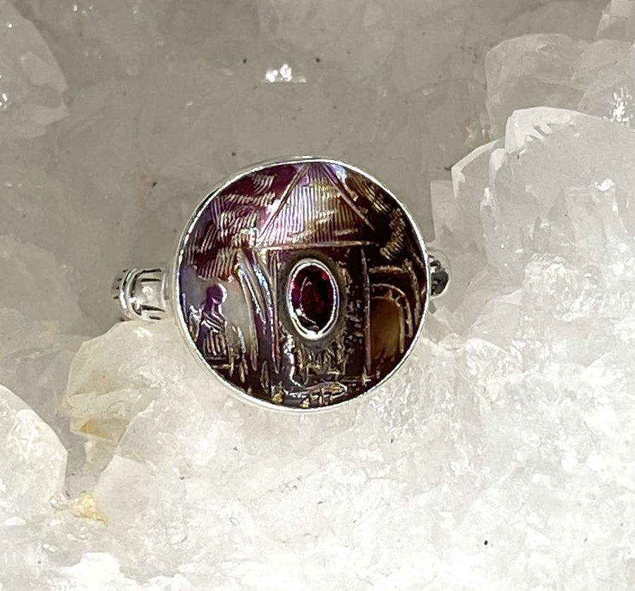 Victorian Carved Shell Button w/ Garnet Center set in Sterling Silver Size 8.5