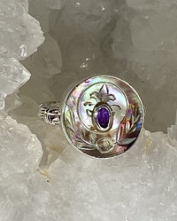 Victorian Carved Shell Button w/Amethyst Center set in Sterling Silver Size 8