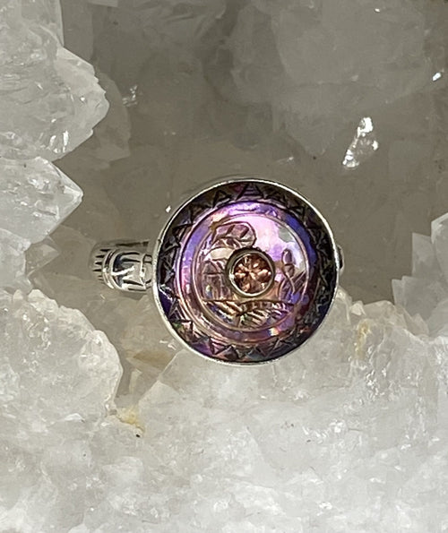 Victorian Tinted Carved Shell w/Tourmaline Center Set in Sterling Silver Ring Size 8