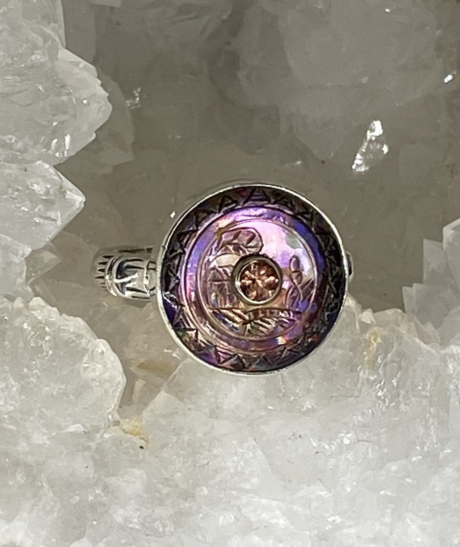 Victorian Tinted Carved Shell w/Tourmaline Center Set in Sterling Silver Ring Size 8
