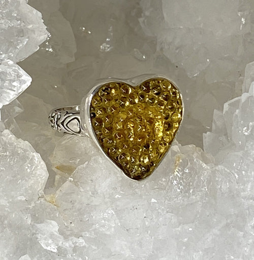 Czech Republic Gold Heart Glass Button set in Sterling Silver ring Size 7.5