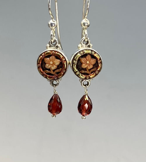 Victorian Celluloid Tinted Floral Button Earrings w/ Facet Garnet Stone Accent set in Sterling Silver