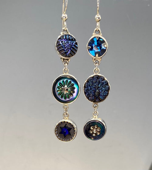Victorian Hand Victorian Tinted Shell & Czech Glass Button Assymetrical Earrings set in Sterling Silver