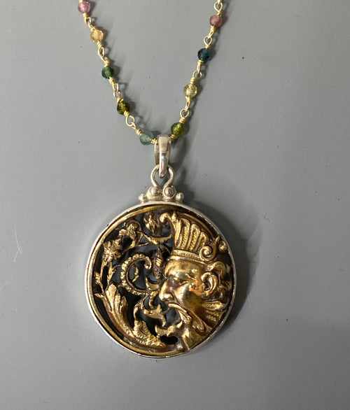 Victorian Picture Metal Moon w/ Brass Scrolled Design Button set in Sterling Silver W/ Tourmaline Stone Rosary