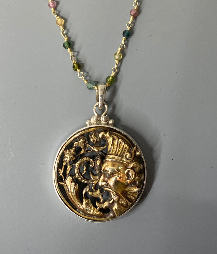 Victorian Picture Metal Moon w/ Brass Scrolled Design Button set in Sterling Silver W/ Tourmaline Stone Rosary
