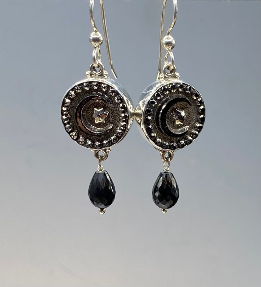 Victorian Czech Lustered Moon & Star Glass Button Set in Sterling Silver With Black Spinel Accent