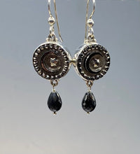 Victorian Czech Lustered Moon & Star Glass Button Set in Sterling Silver With Black Spinel Accent