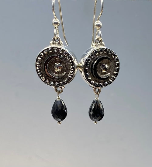 Victorian Czech Lustered Moon & Star Glass Button Set in Sterling Silver With Black Spinel Accent