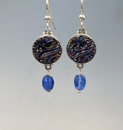 Victorian Hand Victorian Czech Luster Glass Button Earrings set in Sterling Silver w/Blue Kyanite Accent