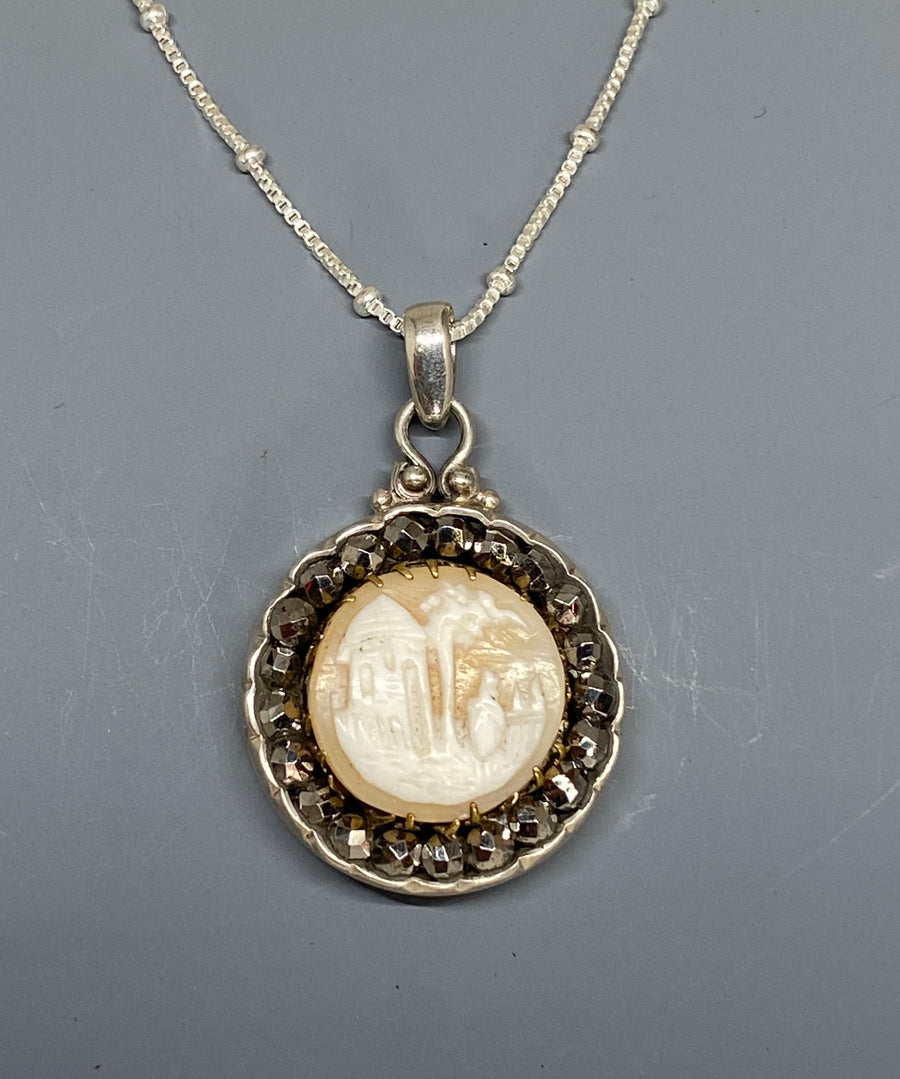 Victorian Village Scene Conch Shell W/ Steel Facet Rim set in Sterling Silver W/ Sterling Satellite Chain