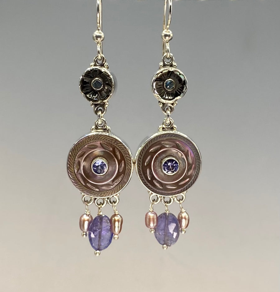 Victorian Double Button Carved Shell Button w/ Iolite Facet Center set in Sterling Silver Earring with Tanzanite Facet Stone Drop & Pearl