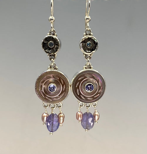 Victorian Double Button Carved Shell Button w/ Iolite Facet Center set in Sterling Silver Earring with Tanzanite Facet Stone Drop & Pearl