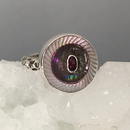 Victorian Carved Pearl w/ Ruby facet Center set in Sterling Silver Ring Size 7