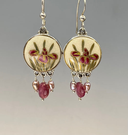 Satsuma Porcelain Hand Painted Iris w/ 24K gold Accent set in sterling Silver Tourmaline and Pearl Accent