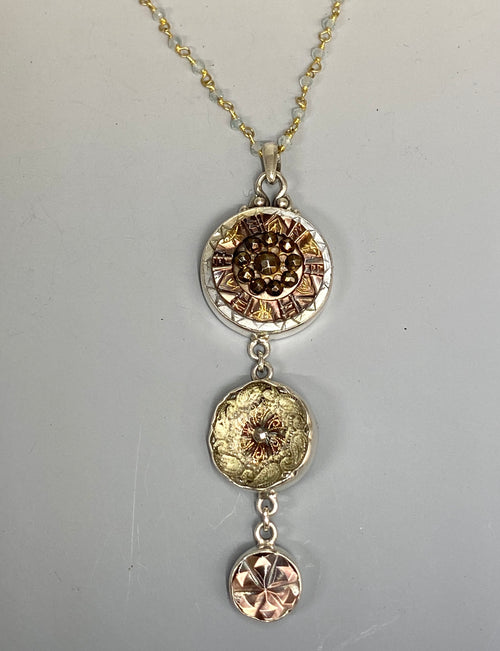 Victorian Three Button Drop Glass and Shell Buttons Set in Sterling Silver w.Labradorite Stone Rosary Accent
