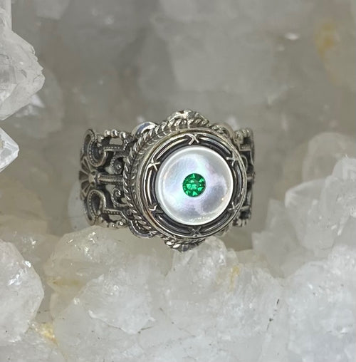 Victorian Sterling Shell Rhinestone Button set in Filigree Sterling Silver Size 7-1/4