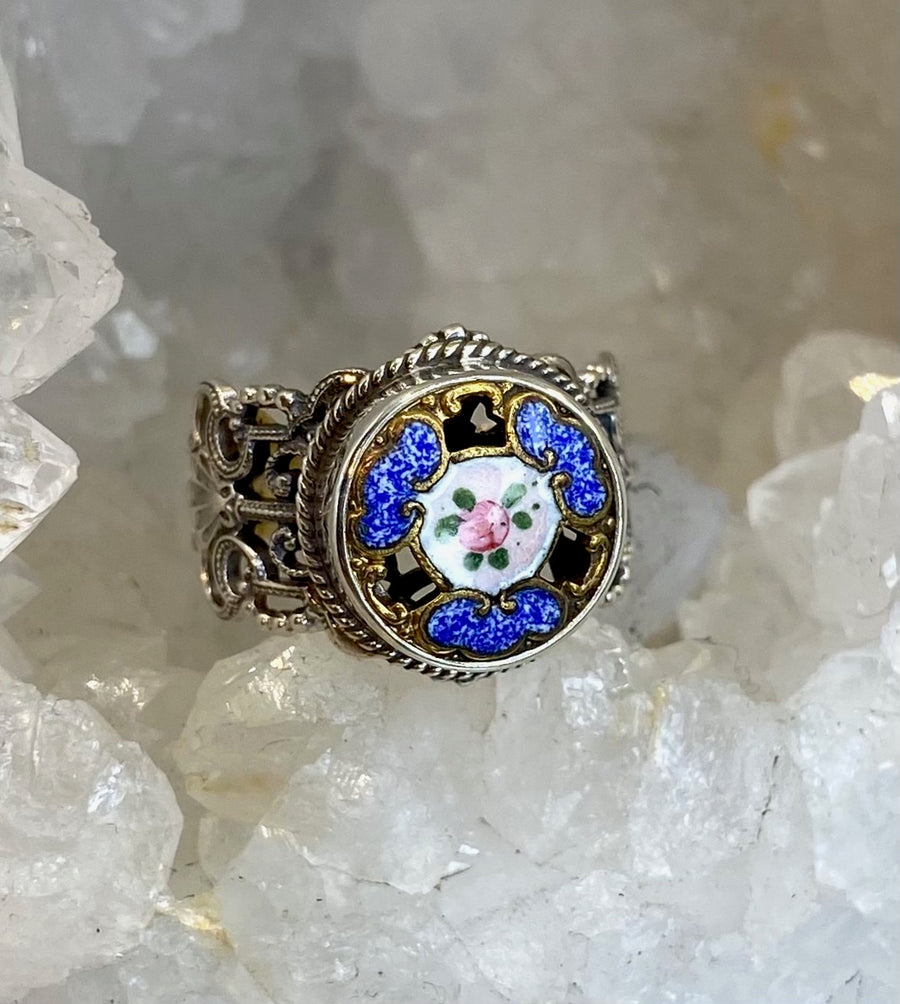 Victorian Hand Painted Floral Enamel Button set in Filigree Sterling Silver Ring Size 8