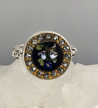 Victorian Hand Painted Floral Enamel w/ Steel Facet Button set in Sterling Silver Ring Size 7