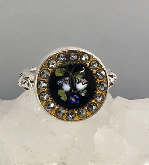Victorian Hand Painted Floral Enamel w/ Steel Facet Button set in Sterling Silver Ring Size 7