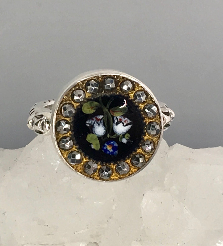 Victorian Hand Painted Floral Enamel w/ Steel Facet Button set in Sterling Silver Ring Size 7