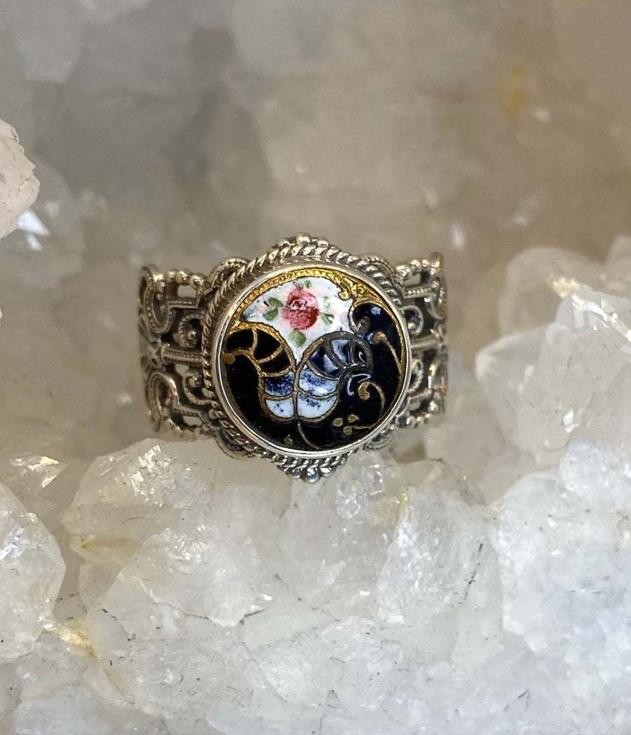 Victorian Hand Painted Floral Enamel Button set in Filigree Sterling Silver Ring Size 8