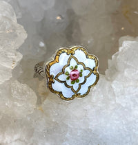 Victorian Hand Painted Floral Enamel Button set in Sterling Silver Ring Size 8-1/2