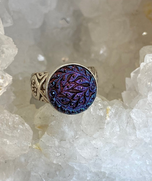 Vintage Czech Republic Luster Glass Button set in Sterling Silver Ring Size6-3/4