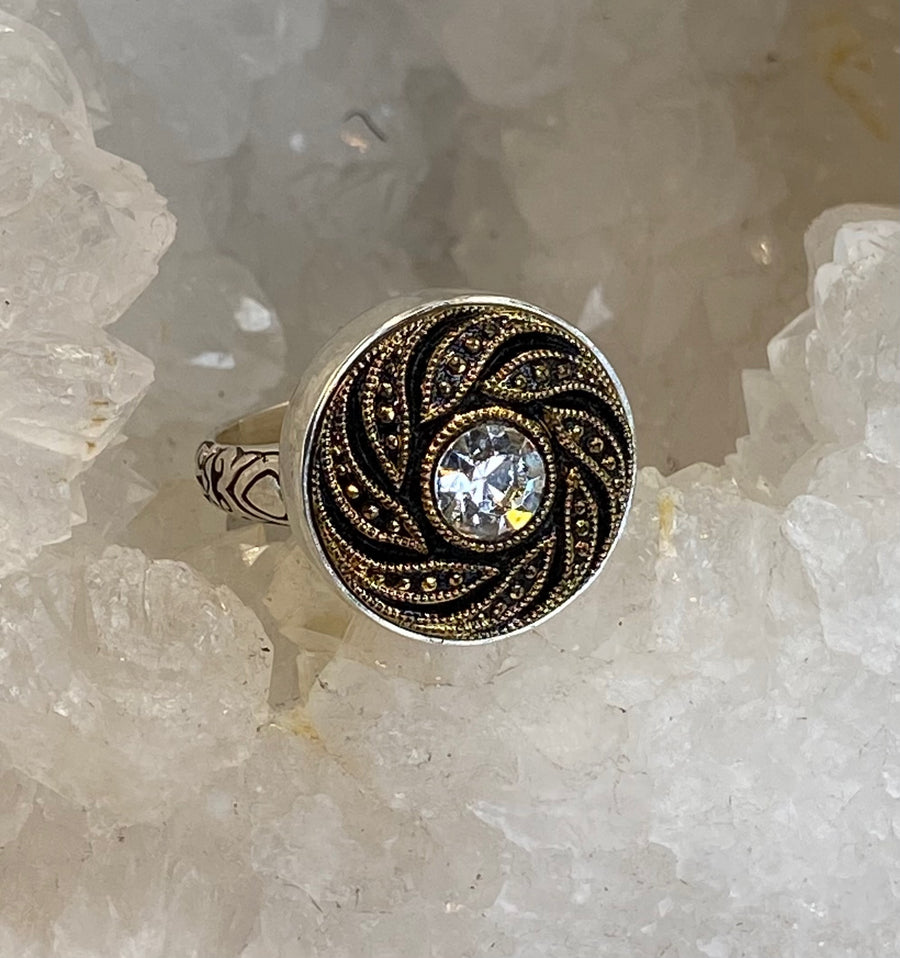 Vintage Czech Republic Luster Glass Button set in Sterling Silver Ring Size 8