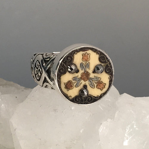 Victorian Celluloid Painted & Carved Accent set in Sterling Silver Ring Size 7