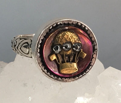 Victorian Picture Metal Hot Air Balloon on Tinted Pearl set in Sterling Silver Ring Size 7